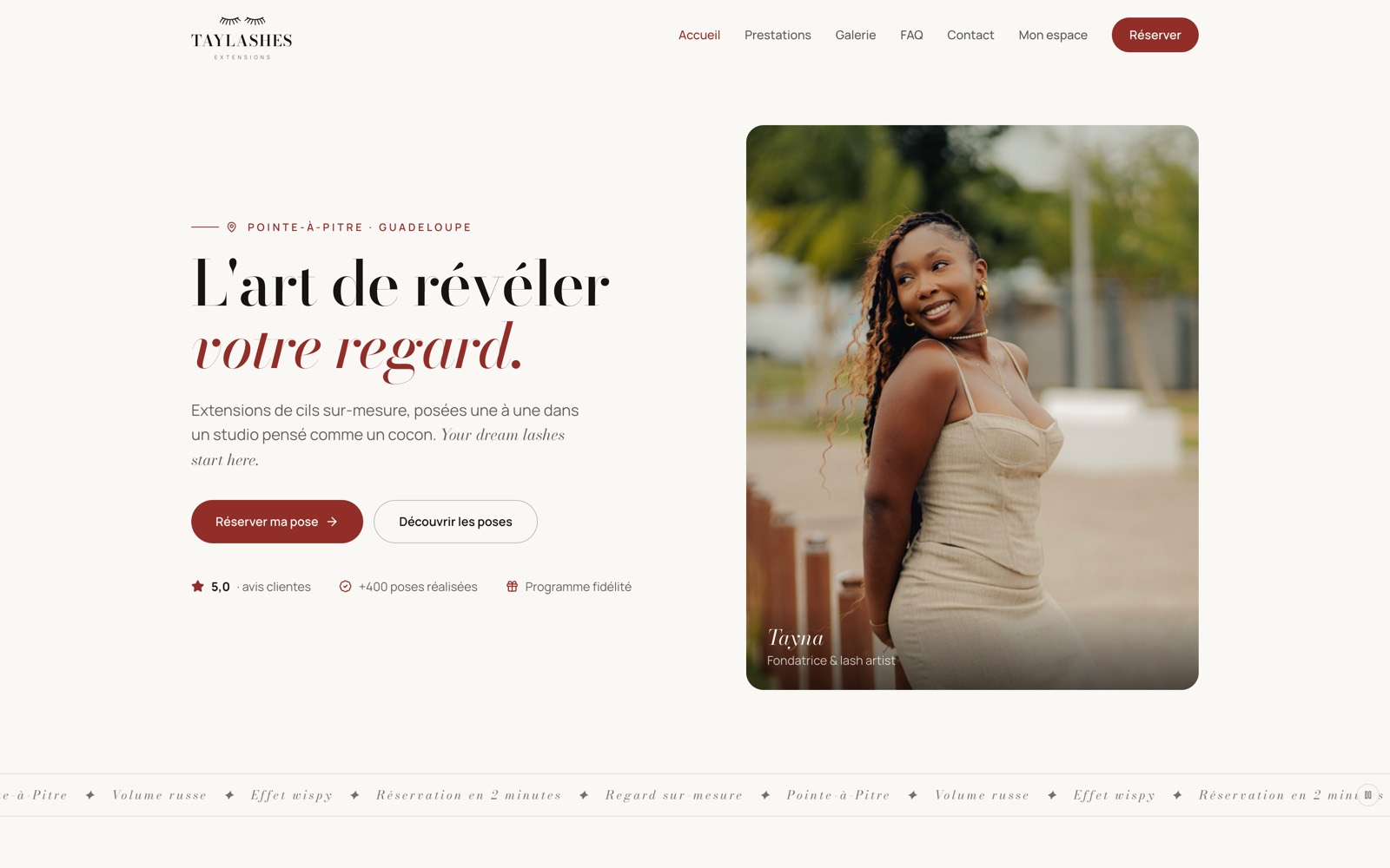 Aperçu du projet Taylashes — Passer d’une vitrine générique à un parcours conçu pour faciliter la réservation.